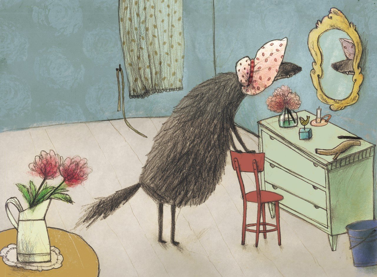 A bird in a pink spotted headscarf looks into a mirror in an illustrated domestic interior.